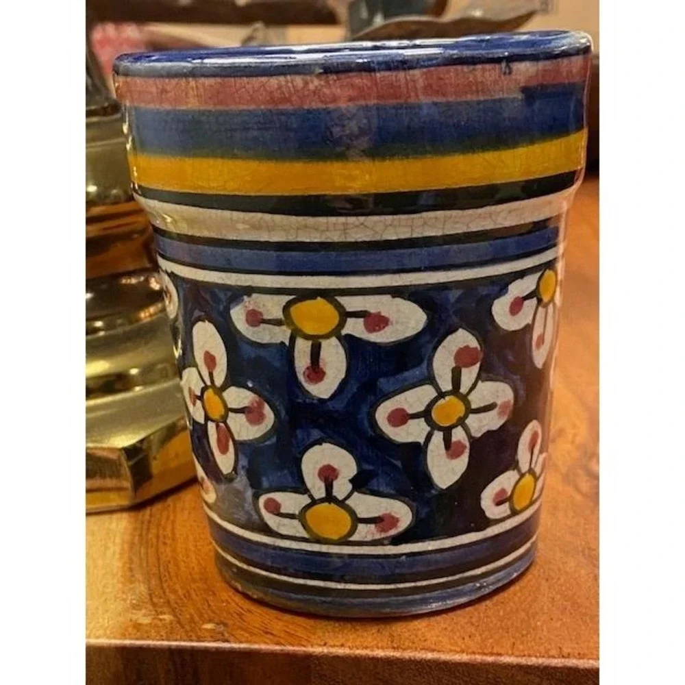 Safi Moroccan Pottery Planter Hand Painted Floral Vintage Blue Yellow